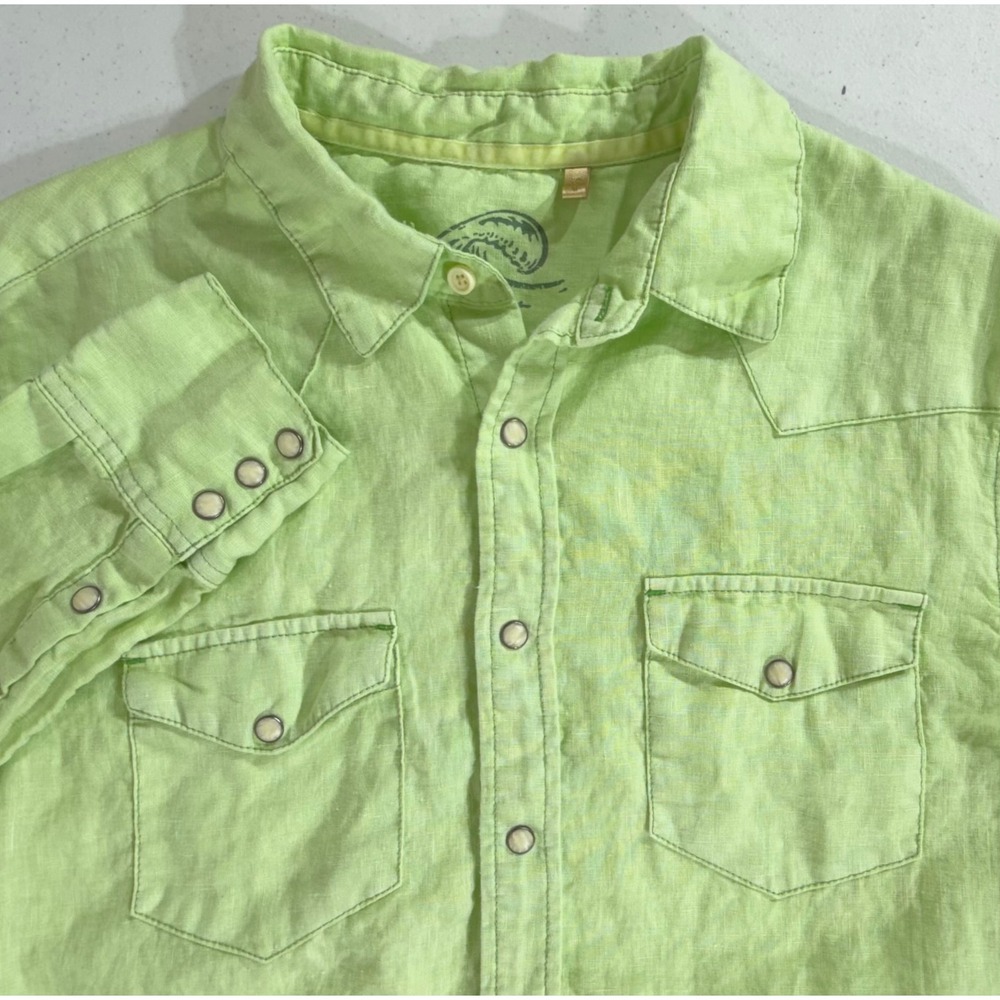 True Grit California Western Shirt Medium Pastel Lime Green Linen Pearl Snap